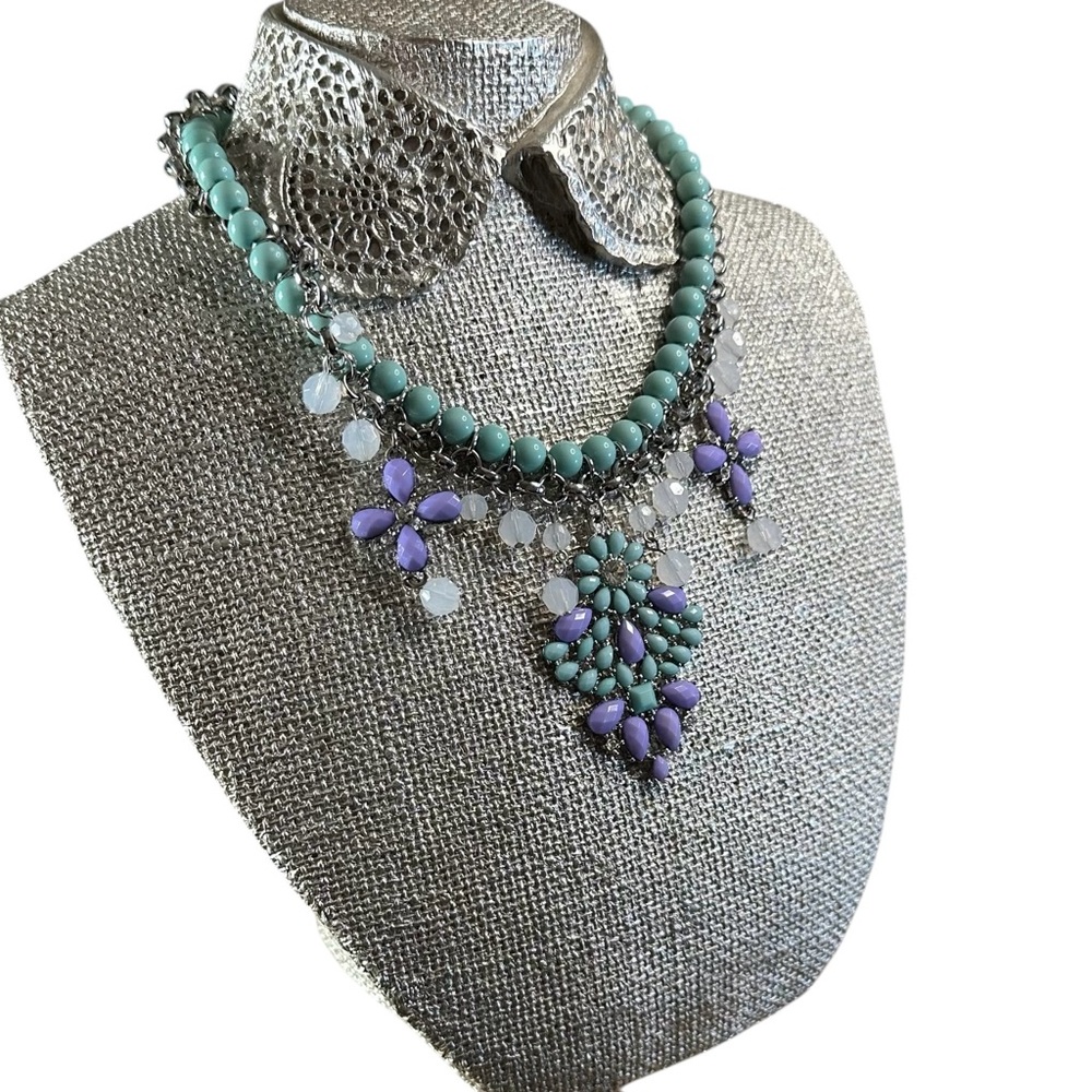 Boho Resin Statement Necklace Turquoise Color Purple Silver To